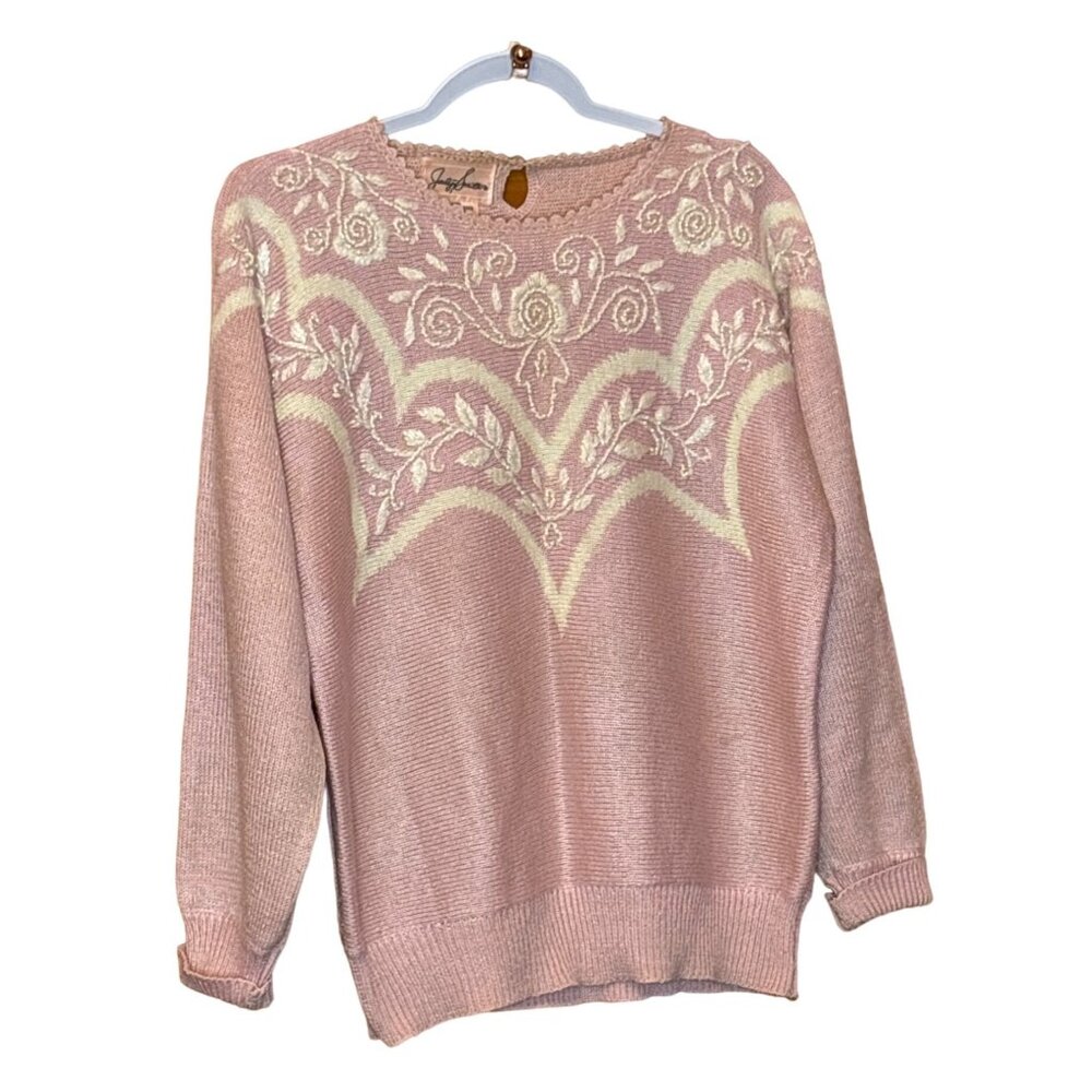 Vintage Jaclyn Smith Womens Pink Embroidered Sweater size 8 Acrylic/Nylon Blend